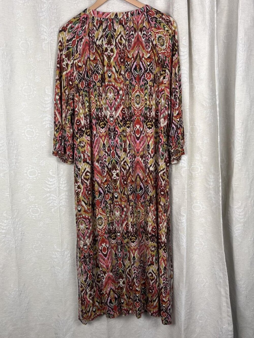 Zara ikat swirl caftan maxi dress side slit flowy boho colorful linen blend L - Picture 7 of 9
